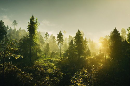 木々から覗く朝日の林 - 針葉樹の森を照らす黄金色の光