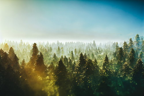 朝霧に包まれた広大な森の上の青い空と針葉樹林