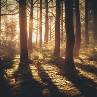 夕日に伸びる木々の影と光の筋、森の逆光シルエット風景の写真