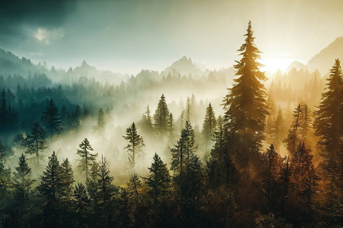 濃い霧に包まれた山々と朝日の光芒：針葉樹林と黄金色の光