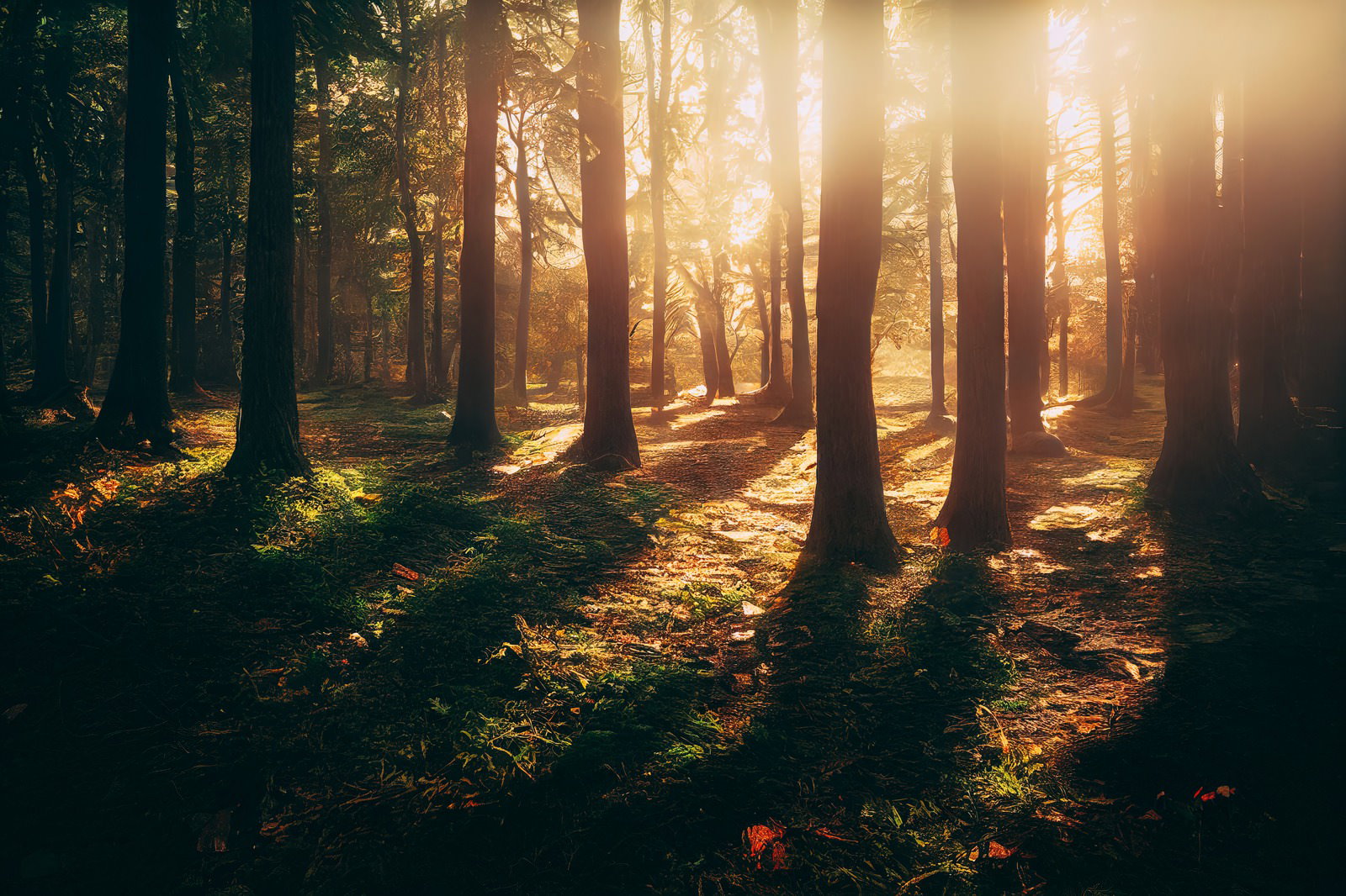 朝日が林を通して差し込み、森の遊歩道全体を黄金色に照らしている風景
