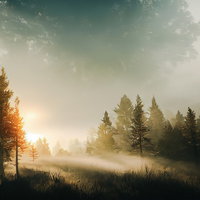 朝日の光芒が射す林間の霧景と草地の自然風景の写真