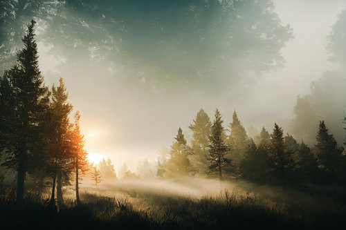 朝日の光芒が射す林間の霧景と草地の自然風景