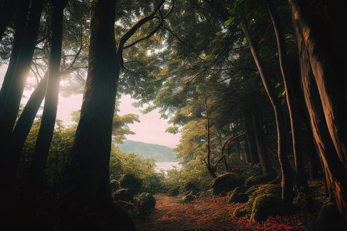 湖の見える林の散歩道：山々を望む森林トレッキングコース