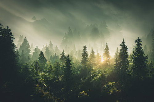 樹冠に消えゆく光の森：針葉樹林の朝靄と逆光の風景
