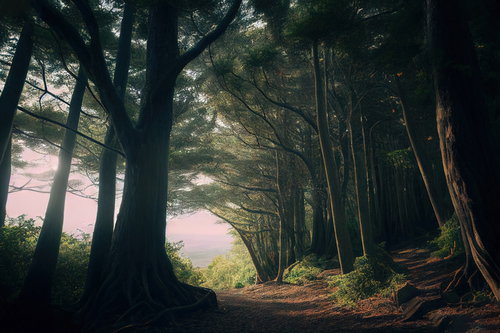 森から抜けた湖面の景色 登山道から見える淡いピンク色に染まった湖