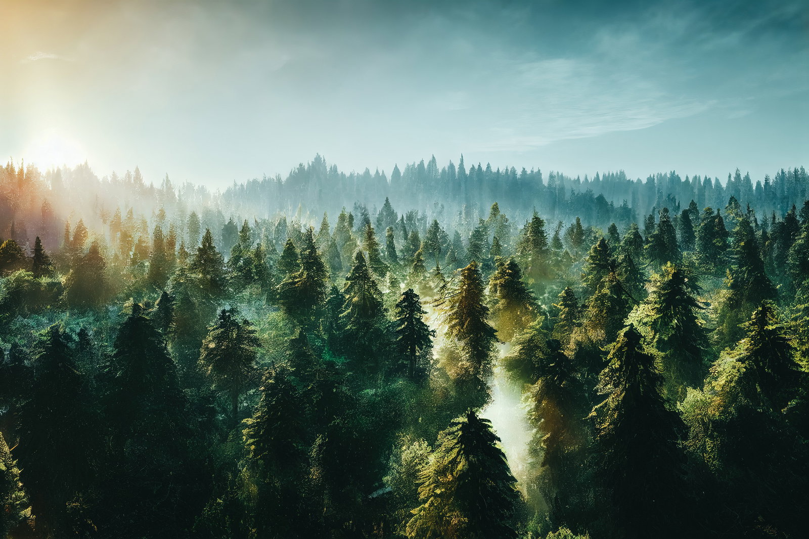 朝日が樹冠を照らす密林の風景で、霧に包まれた奥行き感がある