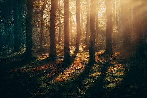 木々の影が伸びる森の夕景 - 金色の光と落葉が交互に広がる自然風景