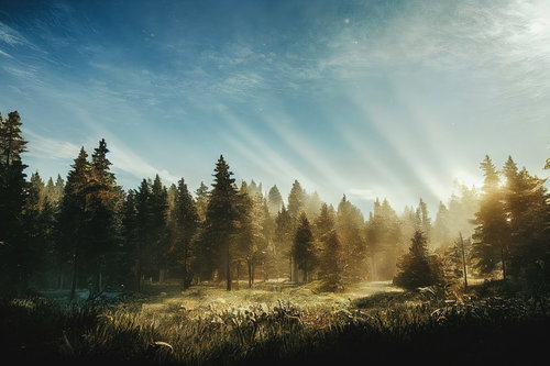 曙光と青空へと続く光芒の森景色 朝日が降り注ぐ針葉樹林の風景