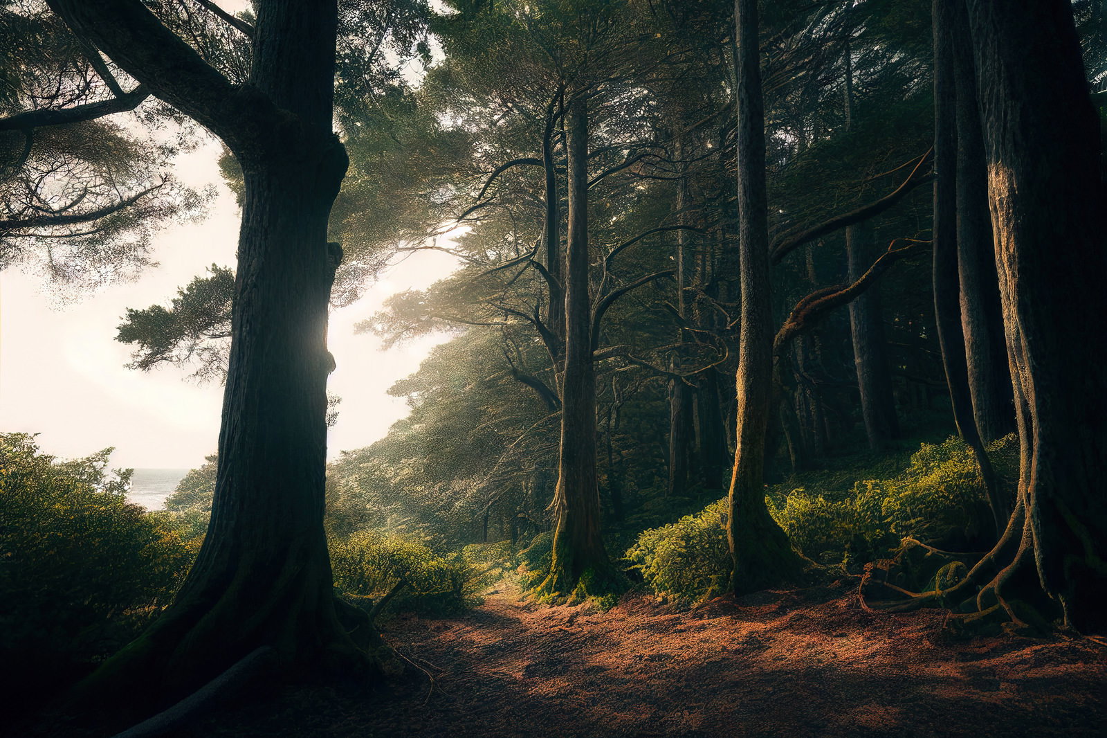 光が射す樹木に囲まれた登山道で出口方向を望む