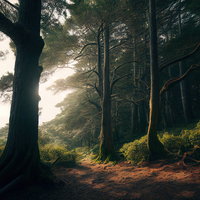 光差す森の登山道、出口間際の林間風景と樹々の写真