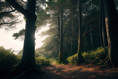 光差す森の登山道、出口間際の林間風景と樹々