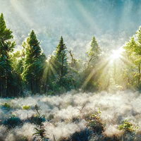霧の中から朝日に照らされる木々と光芒の森の写真