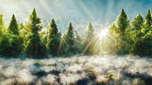 霧の中から朝日に照らされる木々と光芒の森