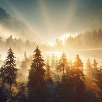 朝日に光輝く森の光芒・針葉樹林を貫く神秘的な夜明けの光線の写真