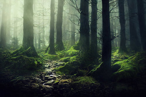 遭難しそうな深い山奥の霧がかかる森林の登山道