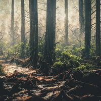 光差す樹林帯の山道 - 落ち葉と新緑が彩る登山道の写真