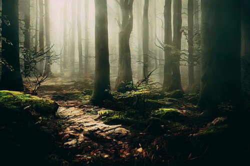 霧の中へ続く木漏れ日の登山道 - 朝の光が差し込む森林トレッキングコース