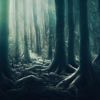 霧に包まれた樹林帯で地面を張り巡る木々の根の写真