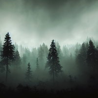 霧の中に消える針葉樹の森の写真