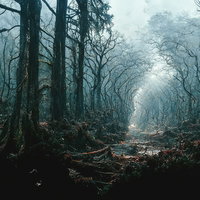 終焉を迎える立ち枯れの森の写真