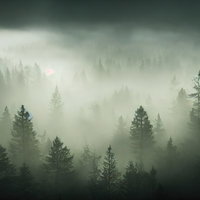 濃霧から頭を出す樹冠と霧深い森の林冠風景の写真