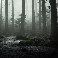 霧立ち込める山奥の登山道を歩む登山者の視点の写真