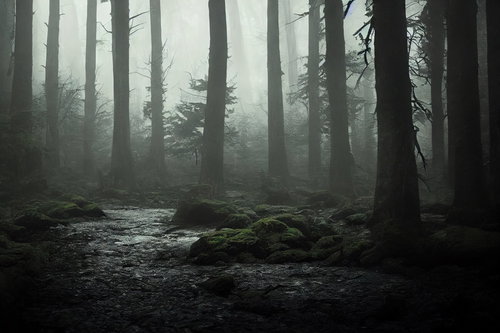 霧立ち込める山奥の登山道を歩む登山者の視点