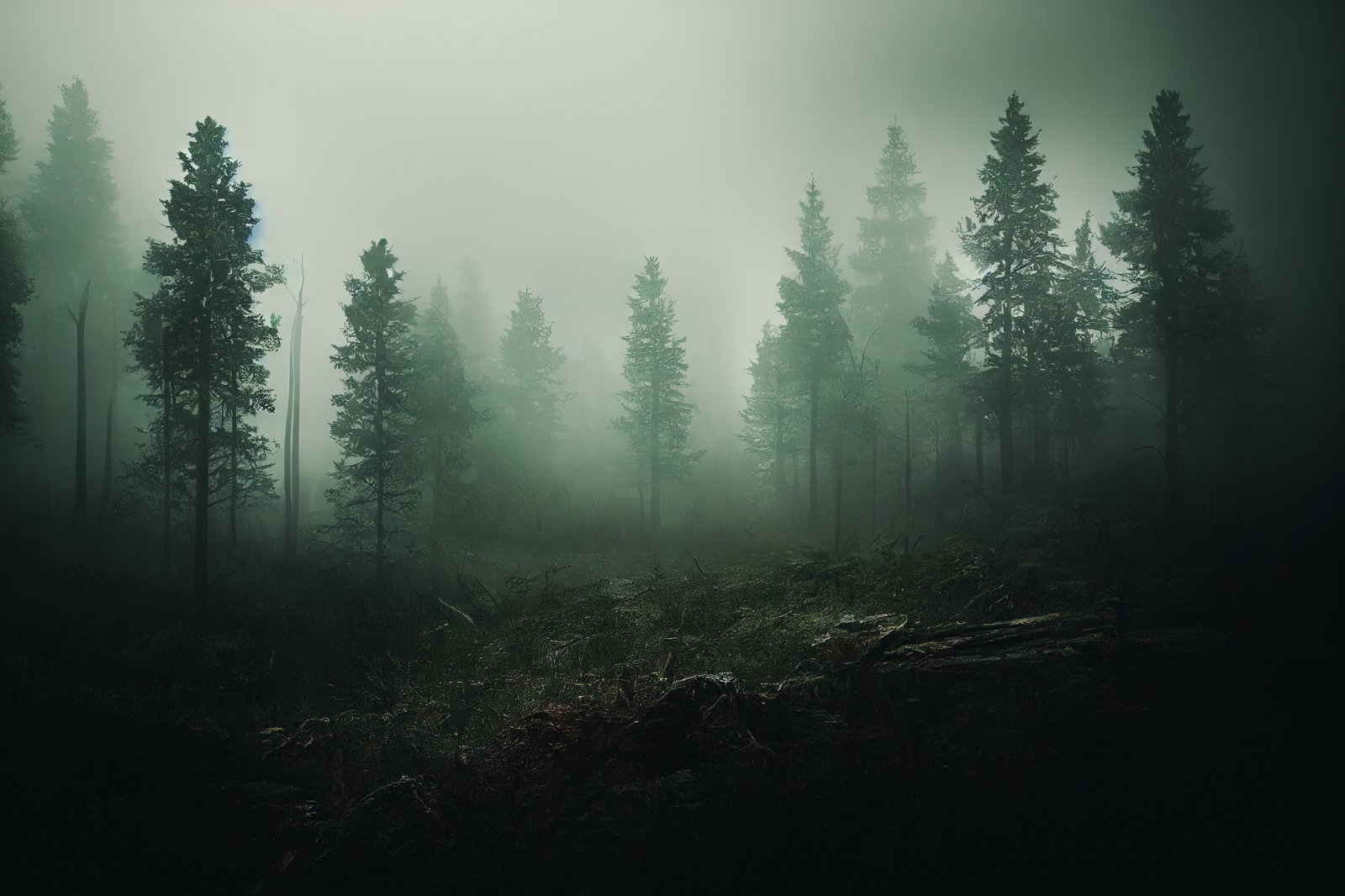 濃霧に沈む薄暗い針葉樹の森