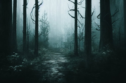 濃霧に包まれた山中の登山道を行く針葉樹林の風景