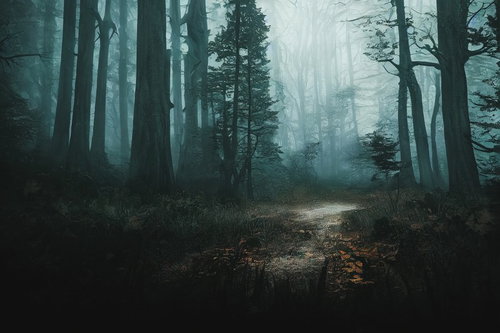 ガスが立ち込める視界不良の山道を進む登山者の視点