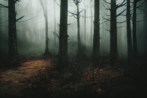 濃霧に包まれた山中の登山道、折れた枝と落ち葉が積もる暗い林道