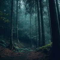 霧の深い森の山道（早朝）の写真