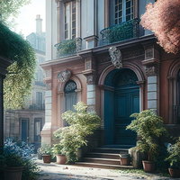 緑に囲まれた西洋建築風の玄関先、アイビーとツタで装飾されたエントランスの写真