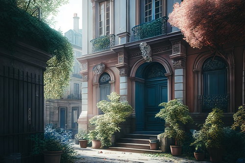 緑に囲まれた西洋建築風の玄関先、アイビーとツタで装飾されたエントランス