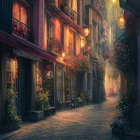 霧がかった夜のヨーロッパ風路地に並ぶ店の写真