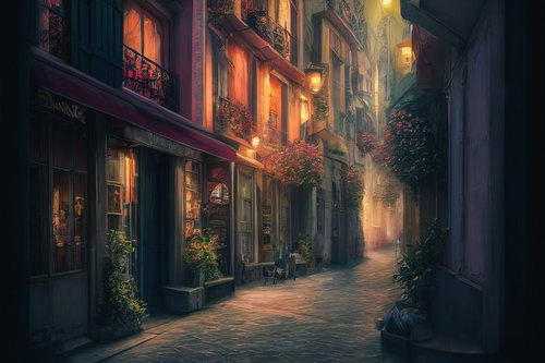 夜間照明が映える洋風建築の路地に並ぶ石畳の店舗街