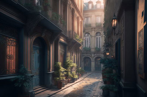 ヨーロッパ風路地裏の洋風な玄関先の夕暮れ風景