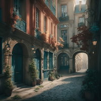 西洋風の裏路地に佇む玄関先の建築群と石畳の通路の写真