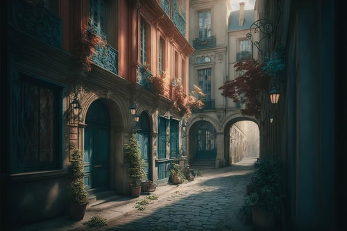 西洋風の裏路地に佇む玄関先の建築群と石畳の通路