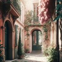 陽の当たる洋風建築の玄関先、蔦が絡むピンク石造り外壁の写真