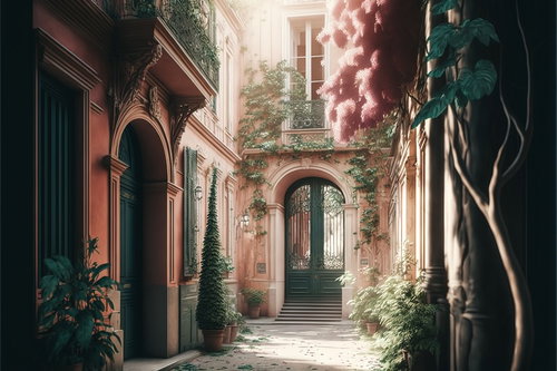 陽の当たる洋風建築の玄関先、蔦が絡むピンク石造り外壁