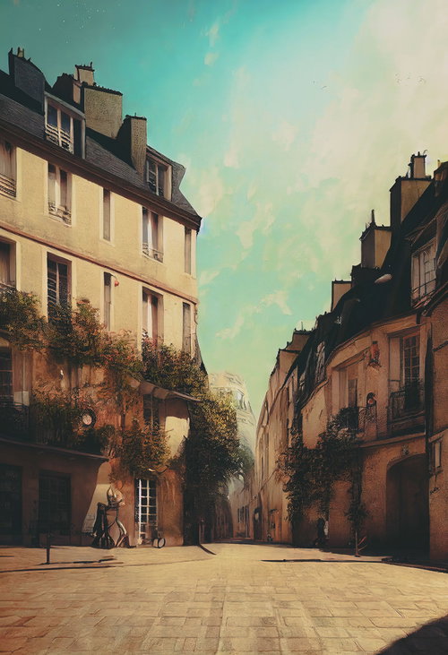 ツタが絡む西洋建築の誰もいない路地の風景