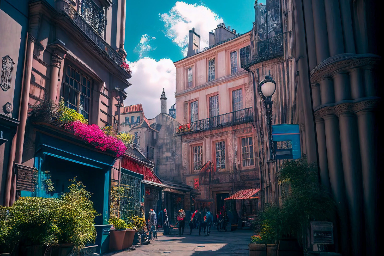 ピンク色の洋風建築が並ぶ路地裏と青空