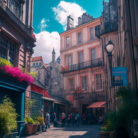 青空の見える洋風建築の路地裏、石畳の通路と街灯の写真