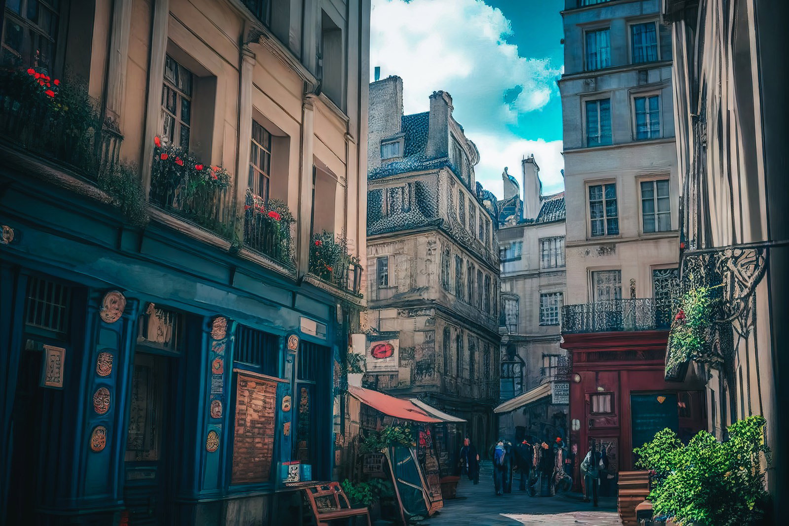パリ風の路地裏で人々が行き交い、古い建物と店舗が並ぶ風景