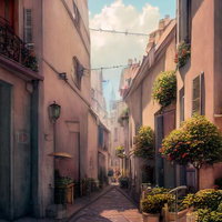 ヨーロッパ風の住宅街を抜ける路地裏の石畳小道の写真