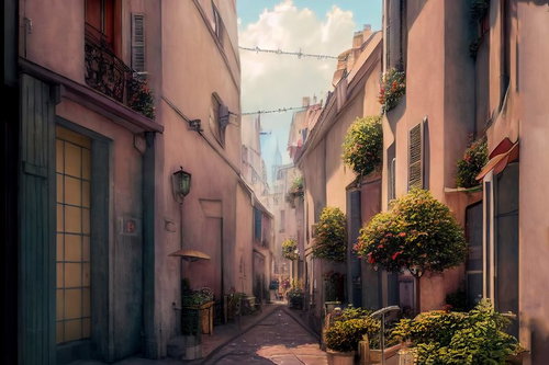 ヨーロッパ風の住宅街を抜ける路地裏の石畳小道