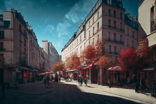 秋の紅葉に包まれた西洋の街並み、テラス店舗と人通りのある町並み