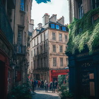 ヨーロッパ風の洋風建築が立ち並ぶ路地裏の街並みの写真
